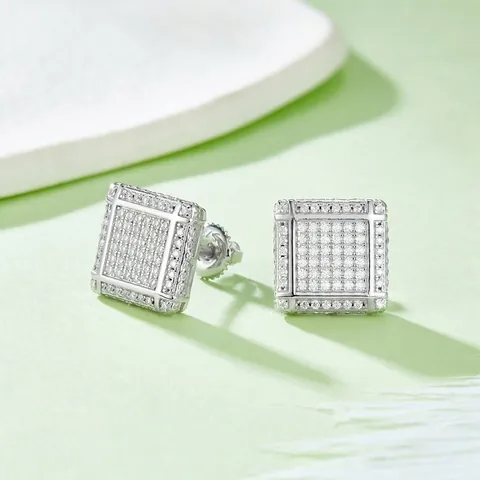 Square Stud Earrings 925 Sterling Silver Moissanite Pave Shiny Screw Back Hip Hop Luxury Fashion Jewelry For Women