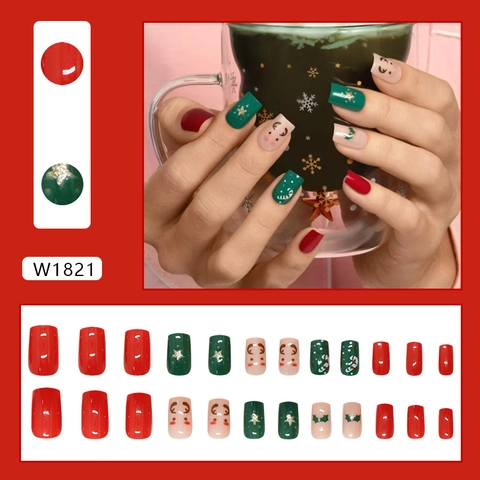 Christmas Press On Nails Reindeer Snowflake Star Design Square Glossy Fake Nails For Women Holiday Party Decoration