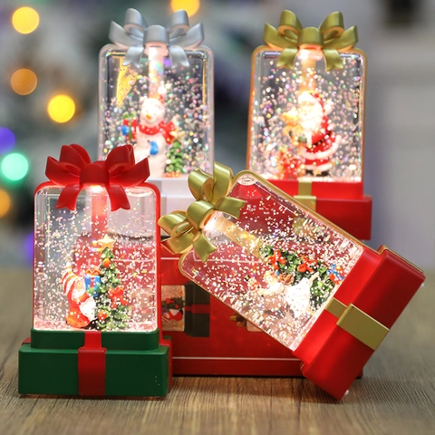 Christmas Snow Globe Light Gift Box Shape LED Water Filled Lantern Santa Claus Snowman Desktop Decor Holiday Ornament