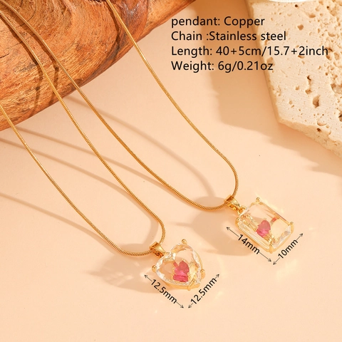 Red Heart Pendant Necklace Gold Plated Stainless Steel Chain Copper Transparent Crystal Sweet Jewelry For Women