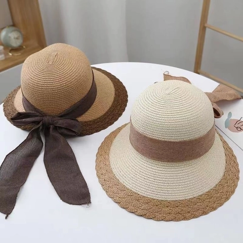 Women Spliced Straw Sun Hat Wide Brim Foldable UV Protection Summer Beach Vacation Breathable Ribbon Bow Elegant Travel