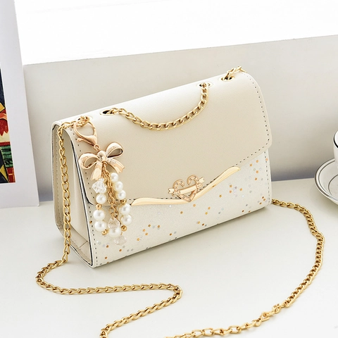 Women Crossbody Bag PU Leather Chain Strap Heart Buckle Star Sequin Artificial Pearl Bow Pendant Small Square Bag