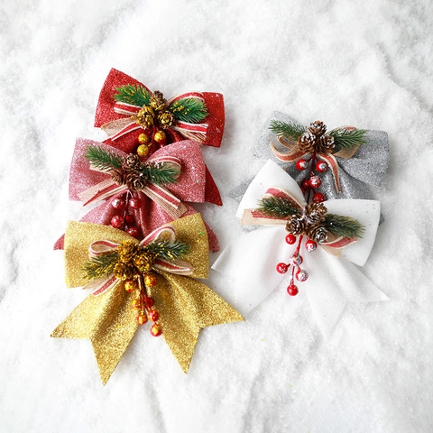 Christmas Bows Ornaments Glitter Sequin With Pine Cones Berries Festive Tree Hanging Decoration Party Supplies
