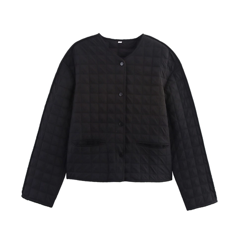 Women Casual Quilted Padded Jacket Round Neck Loose Long Sleeve Outerwear With Pockets Solid Plaid Fashion Cotton Coat