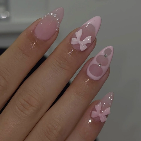 Pink Almond Press On Nails With 3D Bows Artificial Pearls And Rhinestones Sweet French Style Glossy Fake Nails For Women