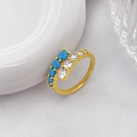 Vintage Brass Zirconia Artificial Turquoise Open Ring For Women Adjustable Fashion Jewelry Crisscross Blue Stone Finger Ring