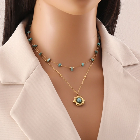 Double Layered Necklace Stainless Steel Turquoise Evil Eye Rectangular Pendant Gold Plated Fashion Jewelry Women