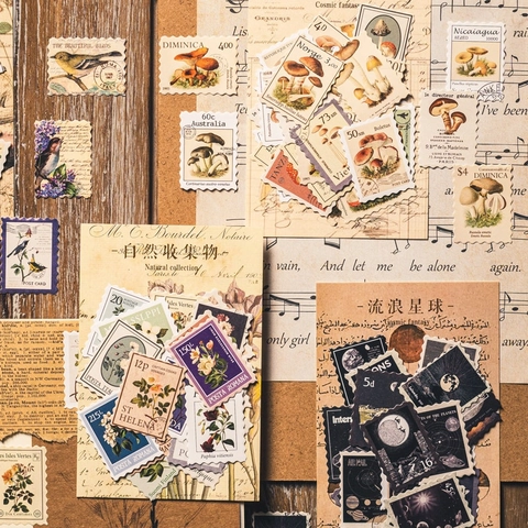 Vintage Postzegel Stickers Retro Natuur Bloemen Insecten Planeten Paddestoelen Thema Esthetische Papier Voor Journaling