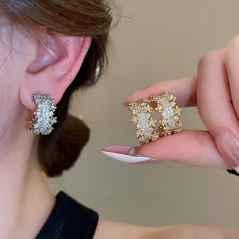 Créoles En Forme De C En Cuivre Zircon Avec Tige De Boucle D'oreille En Argent Sterling 925 Pave Élégant