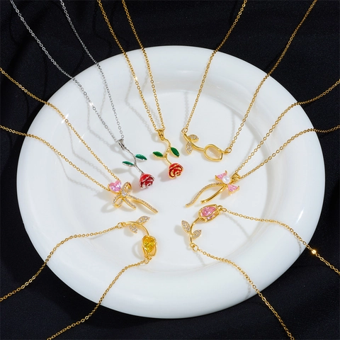 Tulip Rose Flower Bowknot Pendant Necklace Copper Zircon Gold Plated Elegant Jewelry For Women Gift