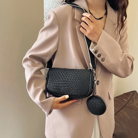 Woven PU Leather Crossbody Bag With Mini Round Coin Purse Wide Shoulder Strap Retro Messenger Handbag For Women