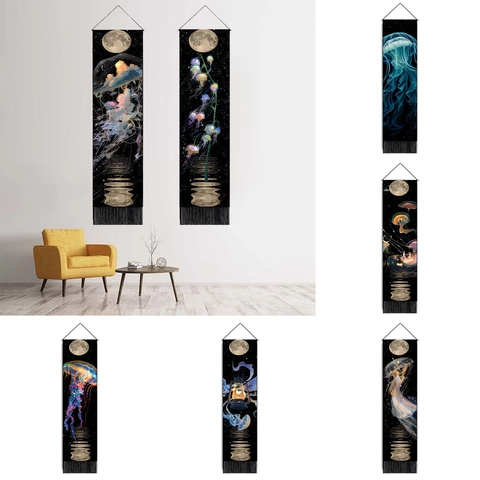Nordic Jellyfish Moon Tapestry Wall Hanging Polyester Cotton Fabric With Wooden Pole And Tassels For Home Decor