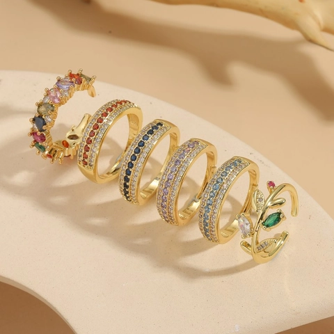 Fashion Adjustable Open Ring Copper 14K Gold Plated Colorful Zircon Leaf Geometric Jewelry For Women