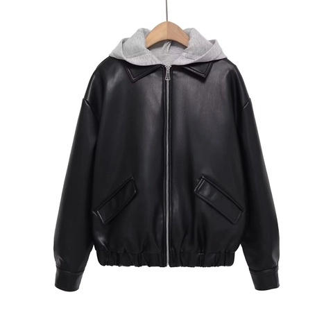 Giacca Con Cappuccio In Ecopelle Donna Streetwear Allentata PU Biker Capispalla Con Cerniera Cappotto Gotico Casual