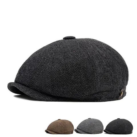 Men Retro Herringbone Newsboy Cap Adjustable Warm Polyester Cotton Blend British Style Flat Ivy Octagonal Hat