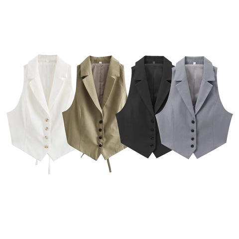 Women Cropped Suit Vest V Neck Open Back Lace Up Bow Slim Fit Solid Color Polyester Waistcoat