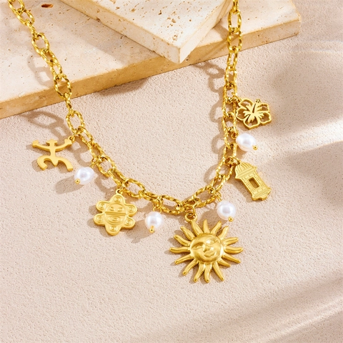 Collana In Acciaio Inossidabile Placcato Oro Con Ciondoli Multipli Sole Simboli Taino Perla Artificial Gioielli Vintage Chic