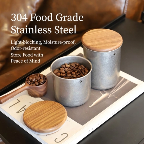 Coffee Canister Stainless Steel Storage Jar With Black Walnut Lid Airtight Sealing Food Container Vintage Brushed Swallow