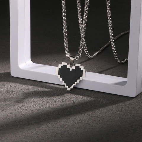 Collana Con Pendente A Cuore Pixel Acciaio Inossidabile Hip Hop Mosaico Smalto Nero Gioielli Per Uomini Donne Y2K Accessorio