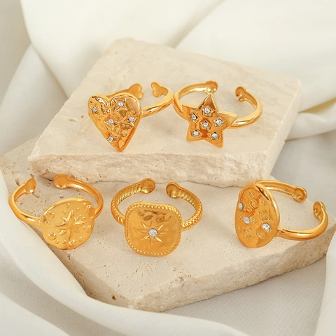 Anello Aperto in Acciaio Inossidabile con Strass Stile Francese Regolabile Placcato Oro Geometrico Cuore Stella Gioielli Donna