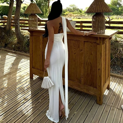 Abito Maxi Elegante Monospalla E Neckholder Arricciato Schiena Scoperta Sexy Spacco Laterale Tinta Unita Poliere Spandex