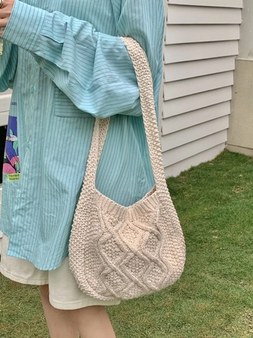 Borsa A Spalla In Maglia Tote Intrecciata Motivo A Rombi Poliestere Fatta A Mano Borsa Vintage Per Donna