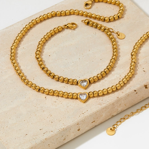 Collana E Bracciale In Acciaio Inossidabile Con Pendente A Cuore Catena A Sfere Zirconia Gioielli Eleganti Minimalisti Per Donne