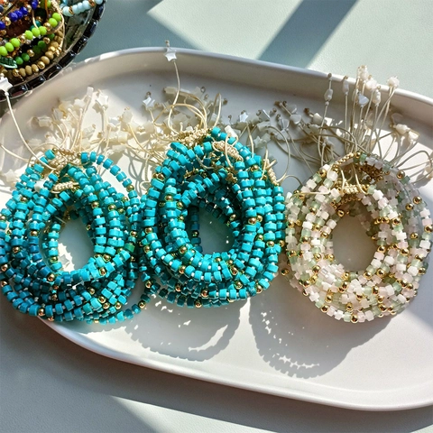 Braccialetto Perline Fatto A Mano Turchese Perline Rame Placcato Oro Ciondolo Cuore Stella Conchiglia Coulisse Regolabile Boho