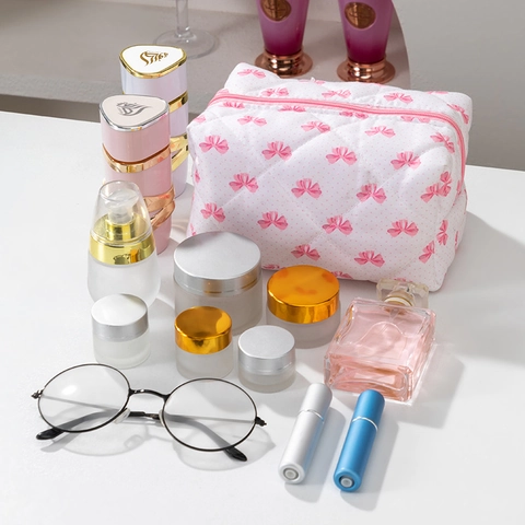 Gewatteerde Make-uptas Roze Strik Stip Polyester Draagbare Reis Cosmetische Opslag Organisator Vrouwen Schattig Licht