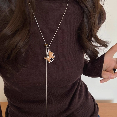 Collar De Cadena Larga Para Suéter Con Colgante De Caballo Mecedora Retro De Cobre Y Madera Con Circón Para Mujer