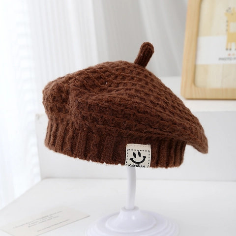 Kids Knitted Beret Hat Winter Warm Soft Crochet Pumpkin Cap With Smile Patch For Toddler Boys Girls Baby Solid Color Headwear