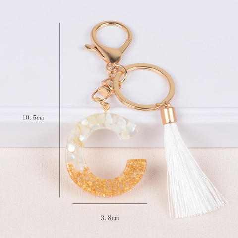 Portachiavi Lettera Alfabeto Iniziale Resina Foglia Oro Conchiglia Pendente Con Nappa Anello Metallo Charm Borsa