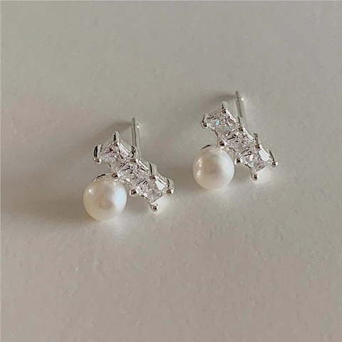 Minimalistische Künstliche Perlen Zirkonia Ohrstecker Mit 925 Sterling Silber Ohrstecker Geometrische Quadratische Tropfen Schmuck Für Damen