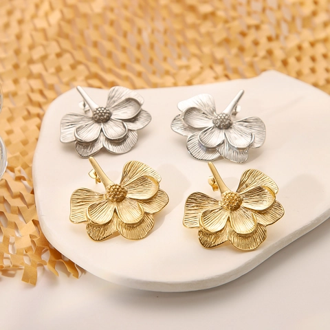 Flower Stud Earrings 18K Gold Plated Stainless Steel Textured 3D Petal Large Floral Vintage Elegant Jewelry For Women