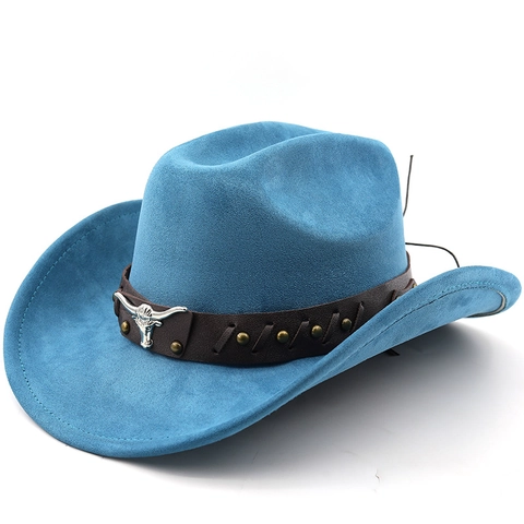 Cappello Cowboy Western Scamosciato Feltro Tesa Larga Stile Vintage Con Fascia Pelle Testa Toro Borchie Uomo Donna