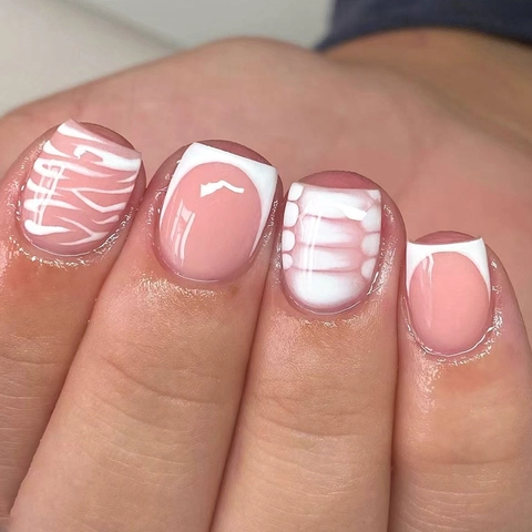 French White Leopard Print Press On Nails Short T-Shape Square Fake Nails Full Cover Manicure Decoration For Women