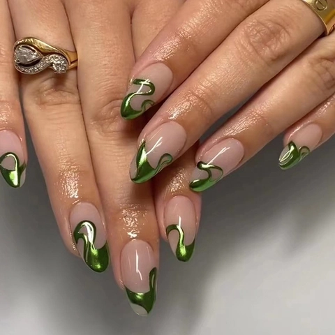 Green Wave Pattern Round Press On Nails Glossy Fluorescent Swirl Design Artificial Fake Fingernails For Women