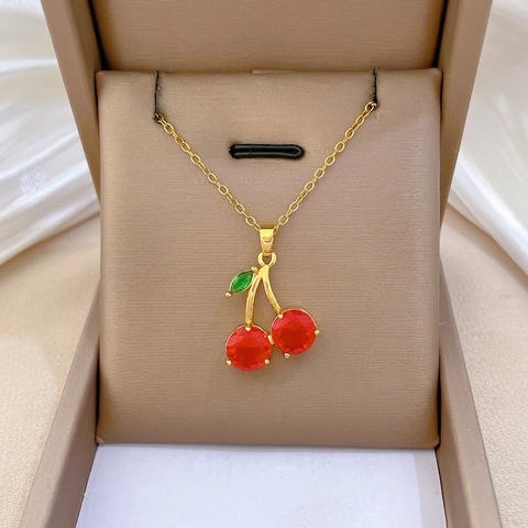 Kirsch Anhänger Halskette Titan Edelstahl Kette Kupfer Rot Grün Strass Eleganter Frucht Schmuck Für Damen