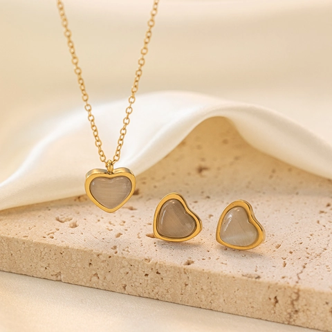 Herzform Edelstahl Achat Anhänger Halskette Und Ohrstecker Für Damen 18K Vergoldet Pendeln Schmuck