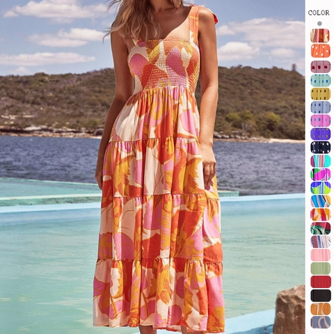 Women Summer Bohemian Maxi Dress Polyester Tiered Smocked Bodice Tie Shoulder Straps Floral Print Beach Vacation Casual