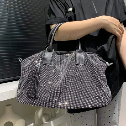 Mujer Bolso Tote Con Diamantes De Imitación Cuero PU Cristal Brillante Gran Capacidad Bolso De Hombro Con Borla Retro Fiesta