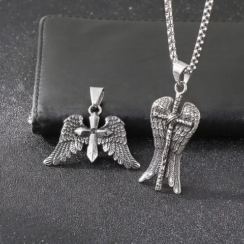 Collana Pendente Croce Ali Acciaio Inossidabile Zircone Punk Gothic Retro Ali D'Angelo Gioielli Uomo Hip Hop