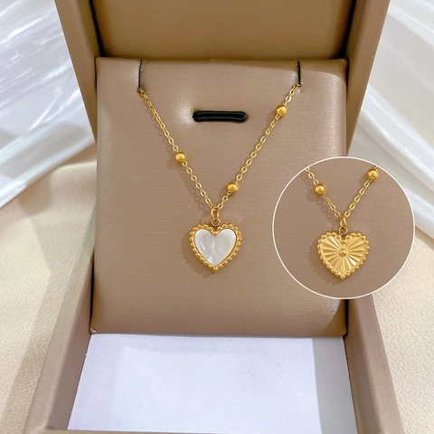 Collier Pendentif Cœur Acier Inoxydable Nacre Double Face Plaqué Or Minimaliste Chaîne Clavicule Pour Femme