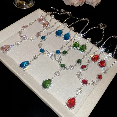 Vintage Druppel Kristallen Ketting En Oorbellen Voor Dames Koper Strass 925 Sterling Zilveren Oorringsteker Elegant