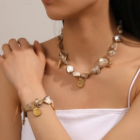 Ocean Theme Necklace And Bracelet For Women With Stainless Steel Chain Natural Shell Artificial Baroque Pearl Dolphin Starfish