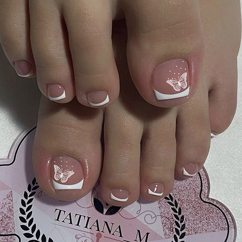Unghie Finte Per Piedi Base Rosa French Bianca Design Farfalla Estate Semplice Rimovibile Plastica Unghie Artificiali