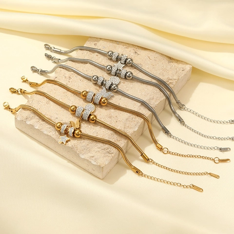 Stainless Steel Snake Bone Chain Bracelet With Zircon Butterfly Star Round Charm 18K Gold Plated Fashion Jewelry For Women