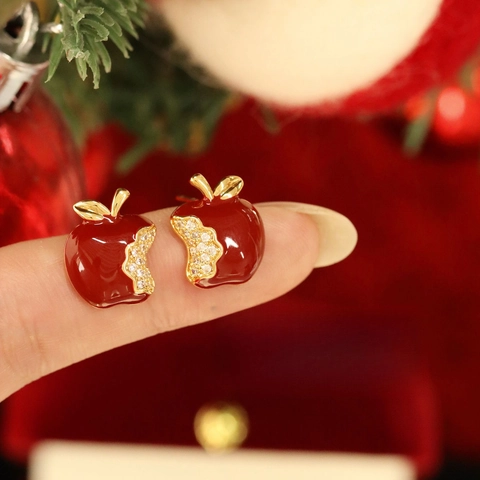 Red Apple Stud Earrings With Silver Earring Post Alloy Enamel Cubic Zirconia Dainty Fruit Jewelry For Women