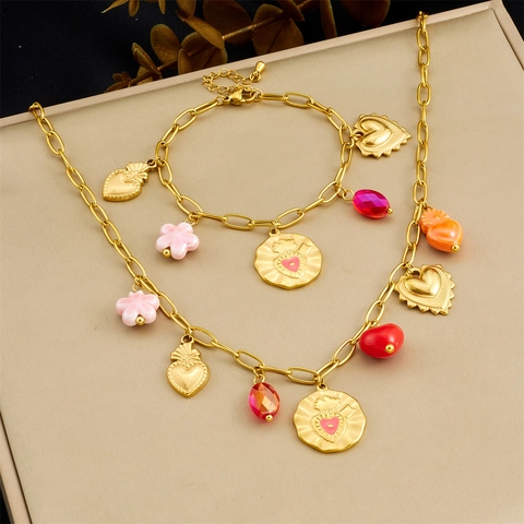 Collana E Bracciale In Acciaio Inossidabile Pendenti Cuore Fiore Catena Placcata Oro Gioielli Moda Per Donna