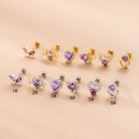 Pendientes De Cartílago Zirconia Púrpura Corazón Mariposa Varilla Acero Inoxidable Joyería Perforación Moda Mujer Cierre Rosca